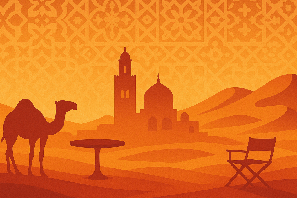 Desert landscape with camel and Moroccan skyline