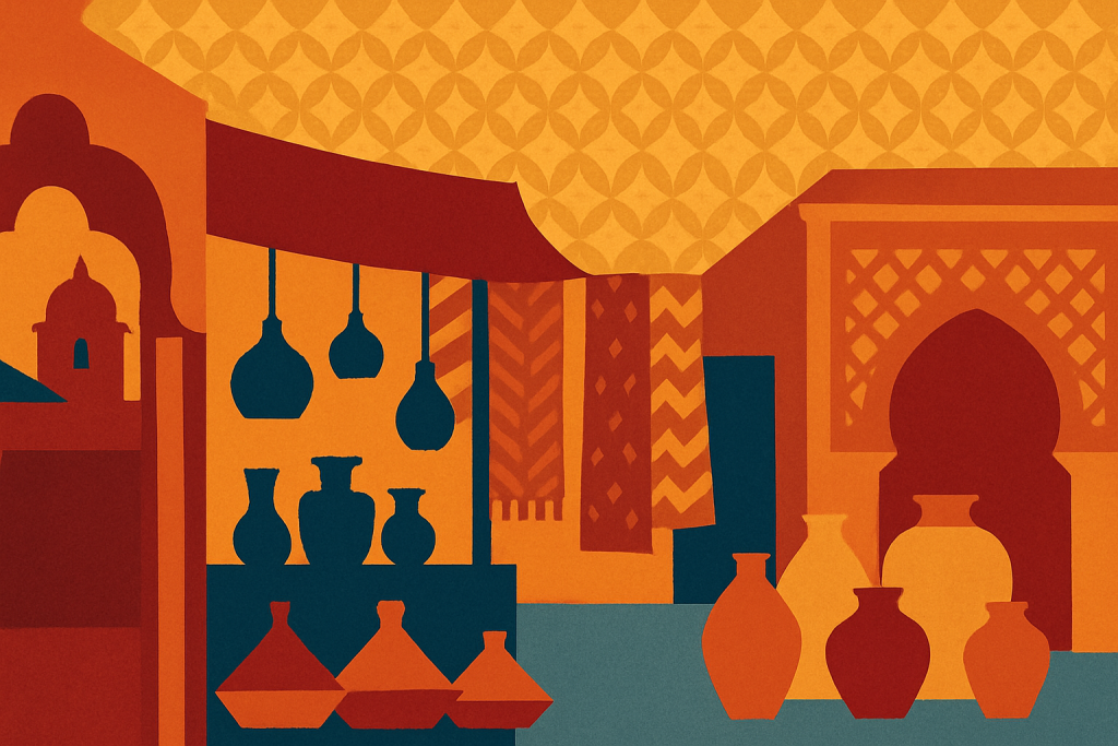 Moroccan market illustration with pottery.